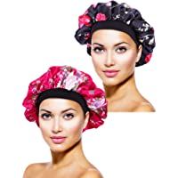 Los mejores  - 2 Piezas de Gorro de Dormir de Noche de Satén Cubierta de Cabeza para Mujeres Chicas Dormir (Flor Negra Impresa- Flor…